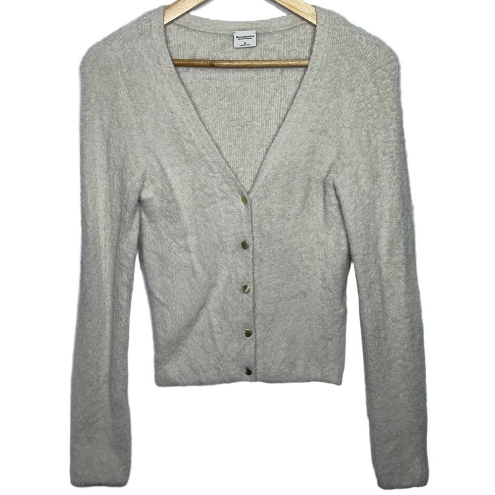 Abercrombie & Fitch Soft AF Gray Fuzzy Knit Button Cardigan Sweater Top Size M